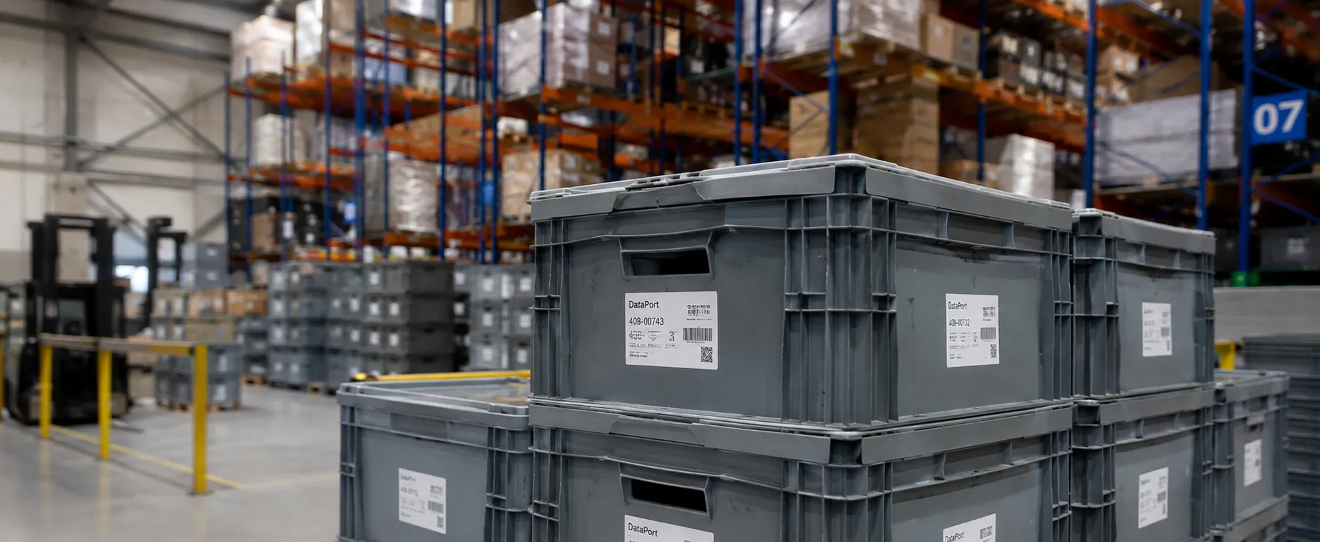 entrepôt logistique et bacs réutilisables